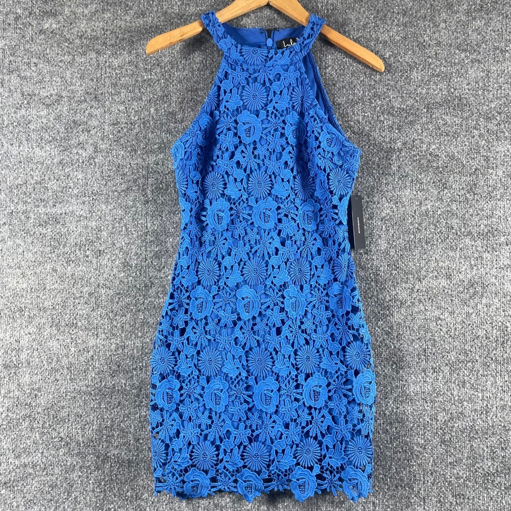 Lulus Dress Womens Small Blue Lace Halter Neck Bodycon Cocktail Mini Lined New